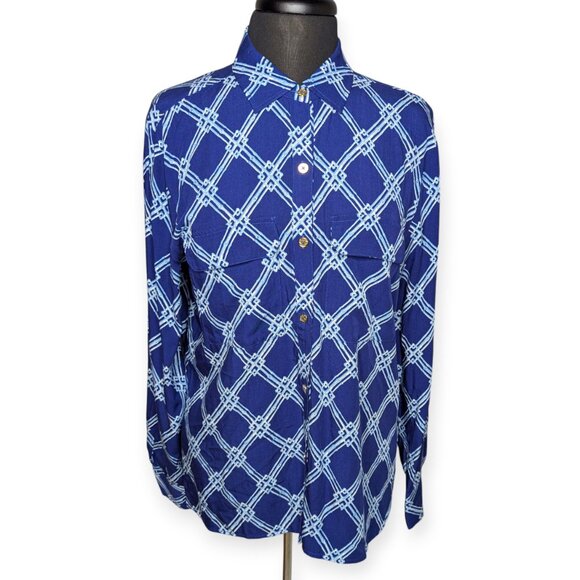NWOT C. Wonder Printed Button Down Top Navy & White Patterned Size 12 - Picture 2 of 16